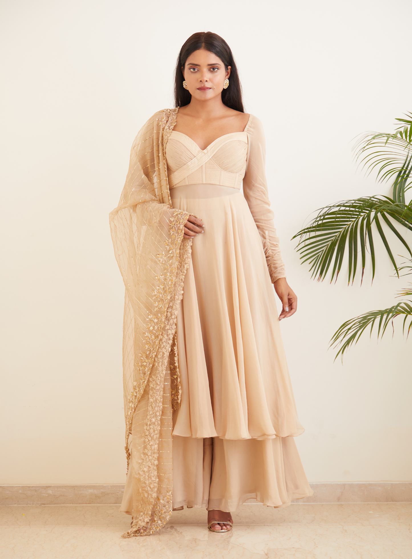 Beige Anarkali With Hand Embroidered Dupatta