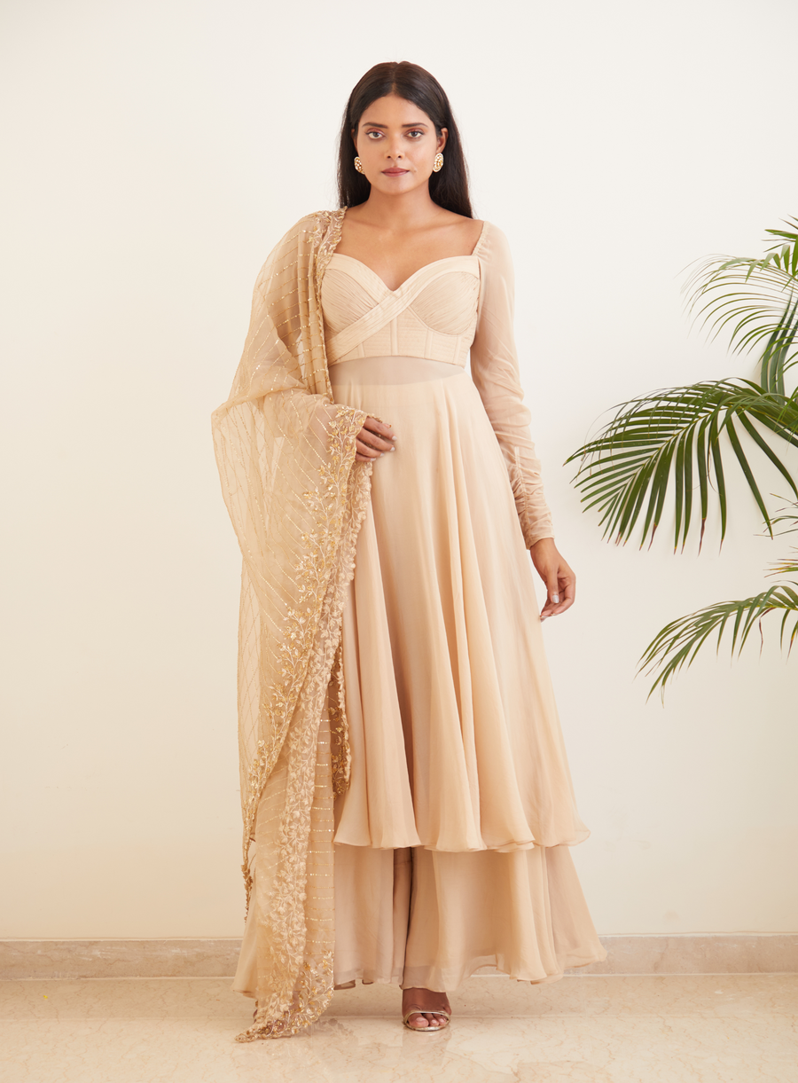 Beige Anarkali set with hand-embellished glass bead and zardozi dupatta