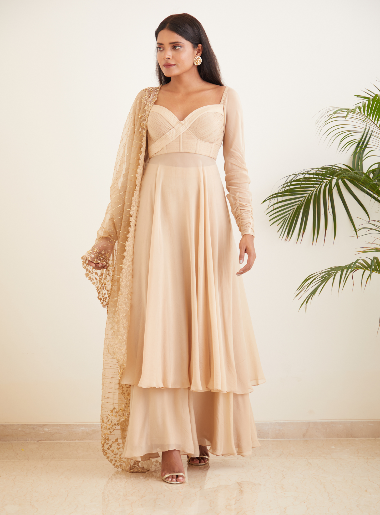 Beige Anarkali With Hand Embroidered Dupatta