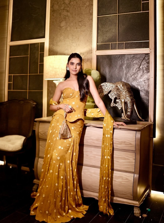 Mustard Yellow jacquard cut out corset with drape skirt and stole