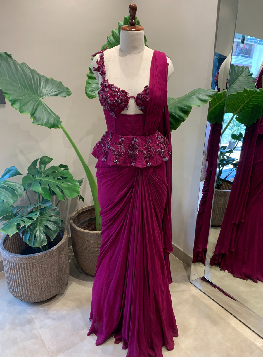 Magenta quilted corset with floral hand-cutwork and pre-stitched drape saree