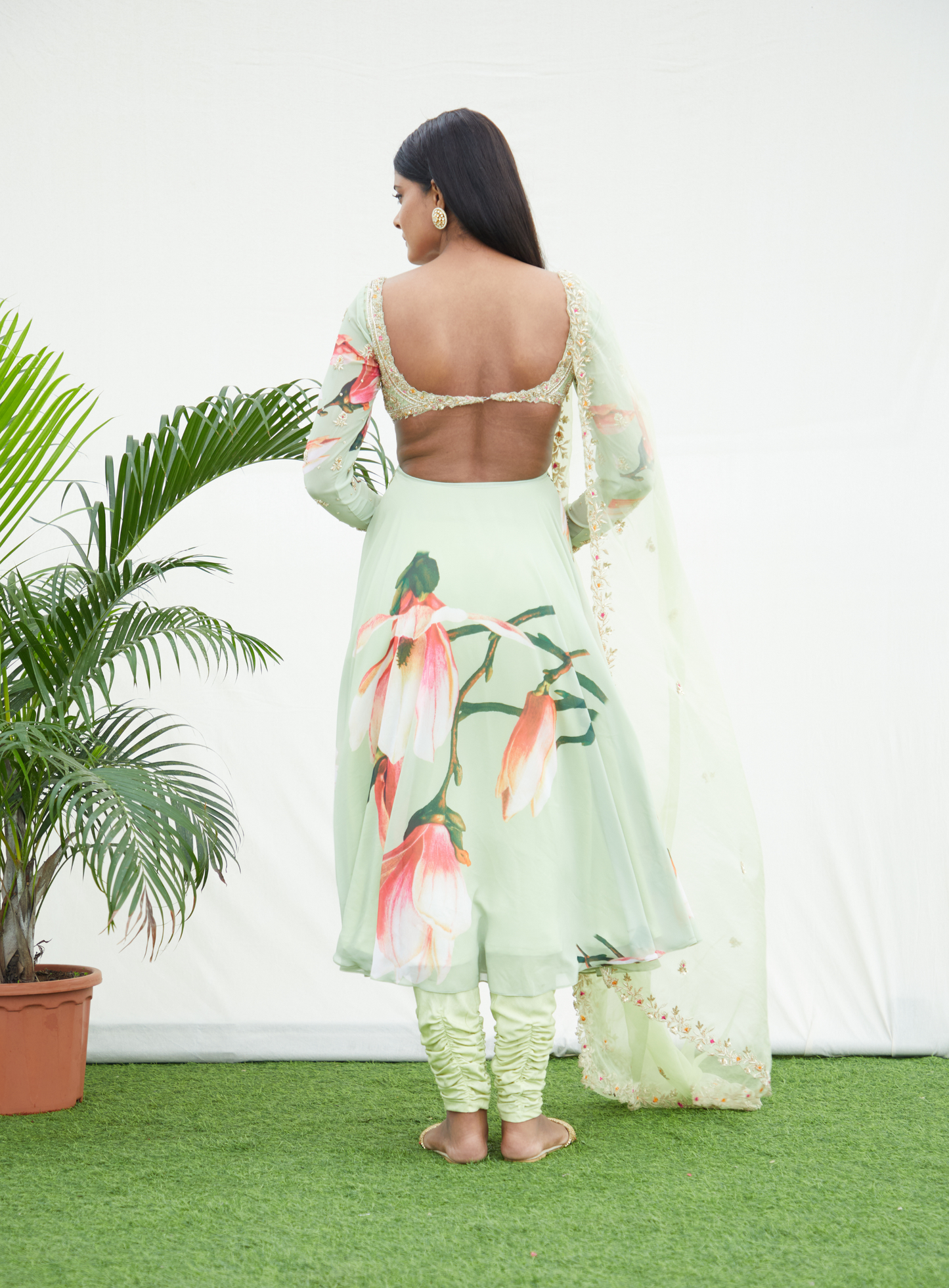 Green Floral Printed Anarkali Set With Handwork Dupatta