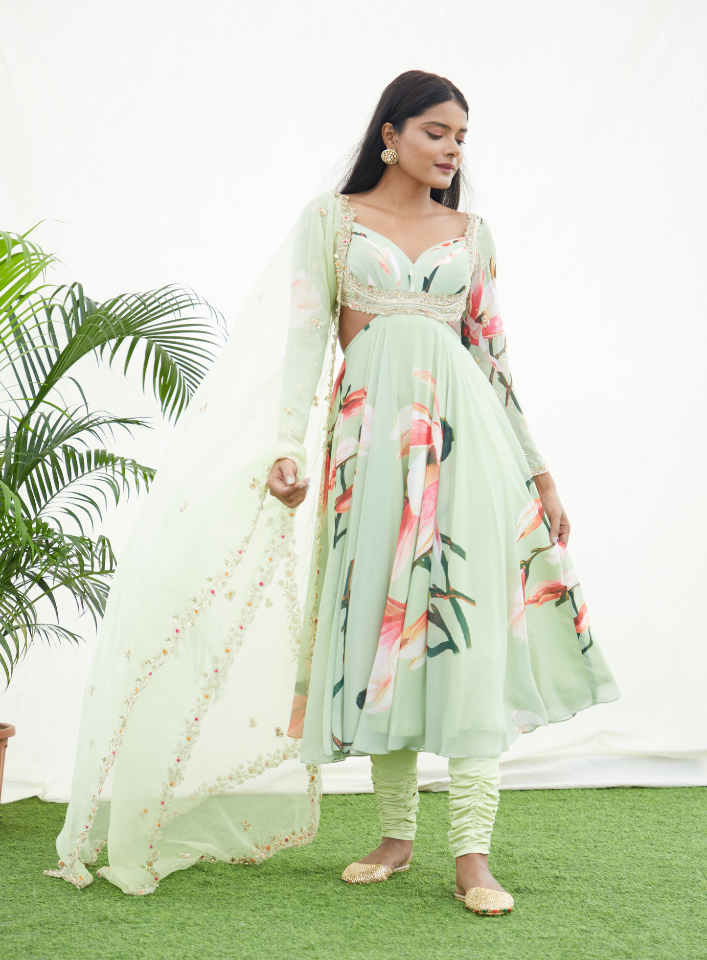 Green Floral Printed Anarkali Set With Handwork Dupatta