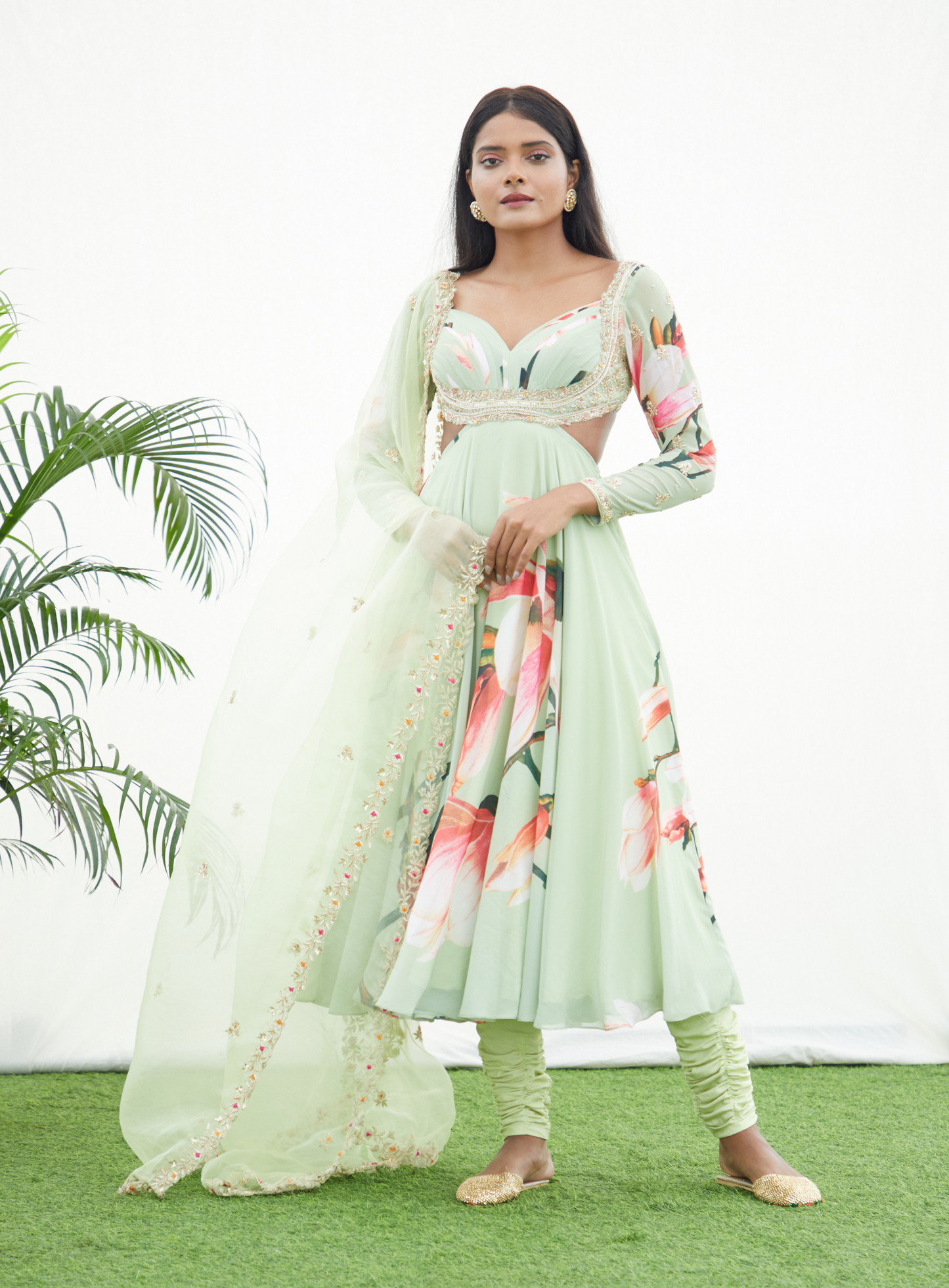 Green Floral Printed Anarkali Set With Handwork Dupatta