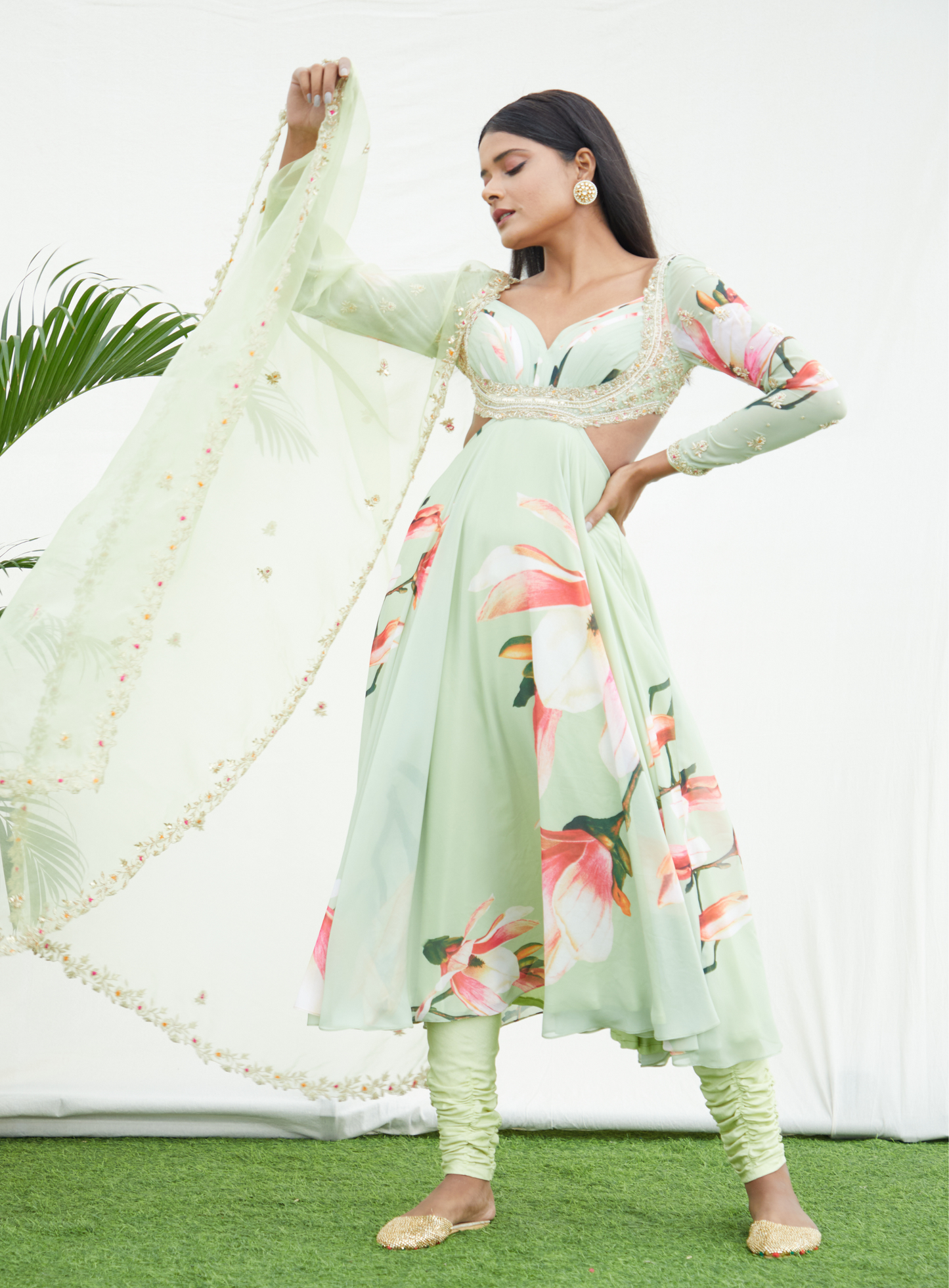 Green Floral Printed Anarkali Set With Handwork Dupatta