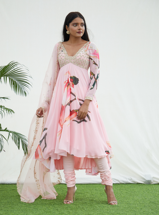 Pink Floral Printed Anarkali Set With Handwork Dupatta