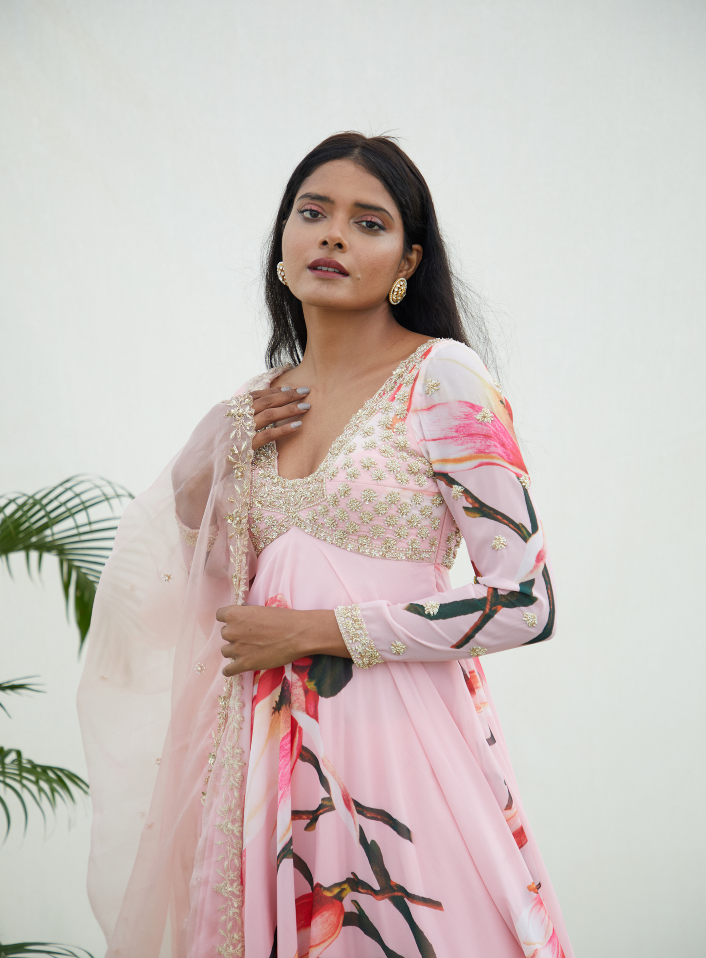 Pink Floral Printed Anarkali Set With Handwork Dupatta