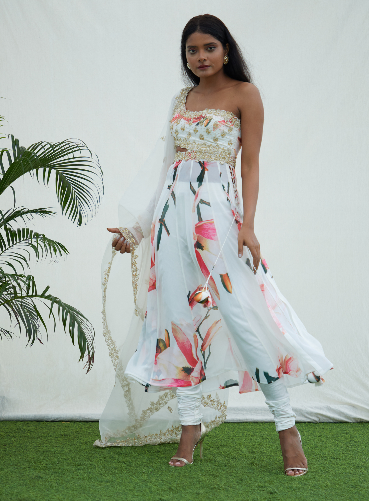 White Floral Printed Anarkali Set With Handwork Dupatta