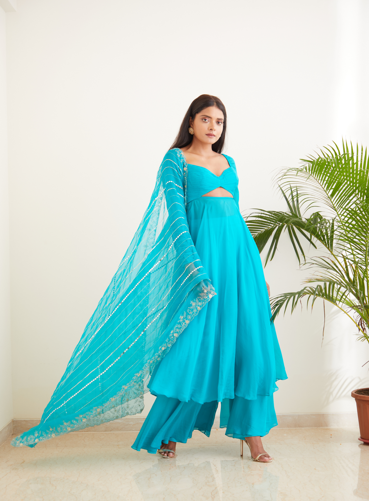 Teal Green Anarkali With Hand Embroidered Dupatta