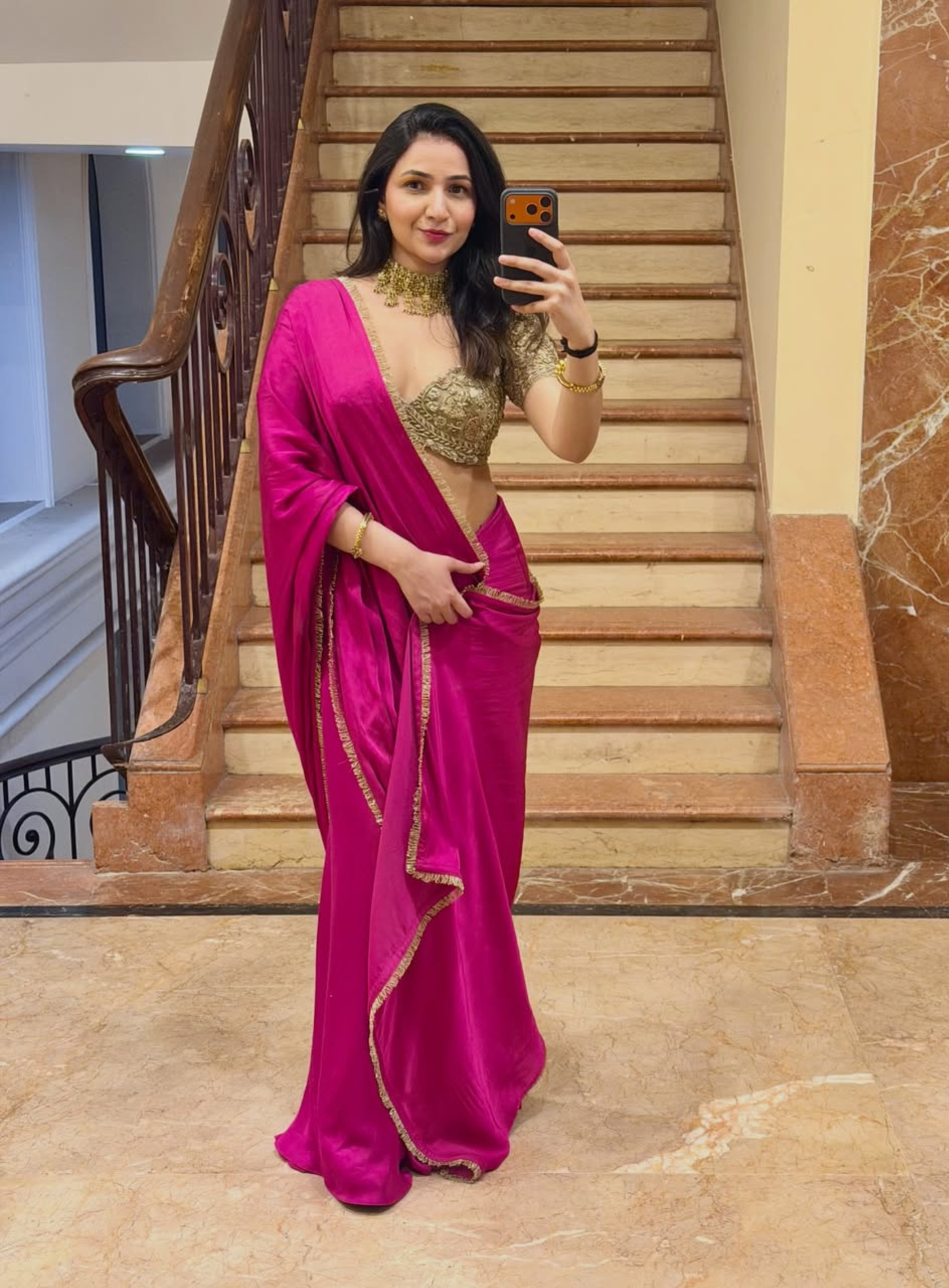 Fuschia pink drape saree and blouse