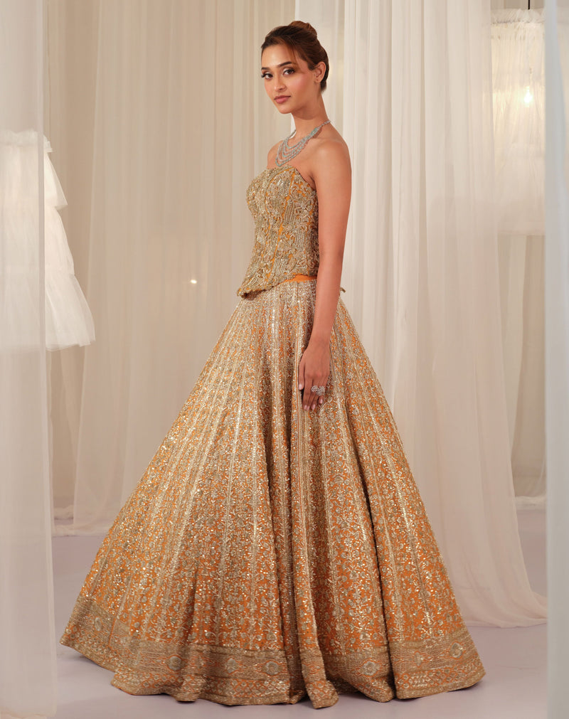 Burnt Orange Raw Silk Lehenga With Corset & Dupatta