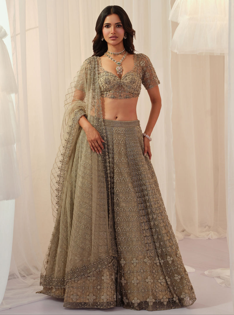 Beige French Knot Embellished Lehenga With Blouse & Dupatta