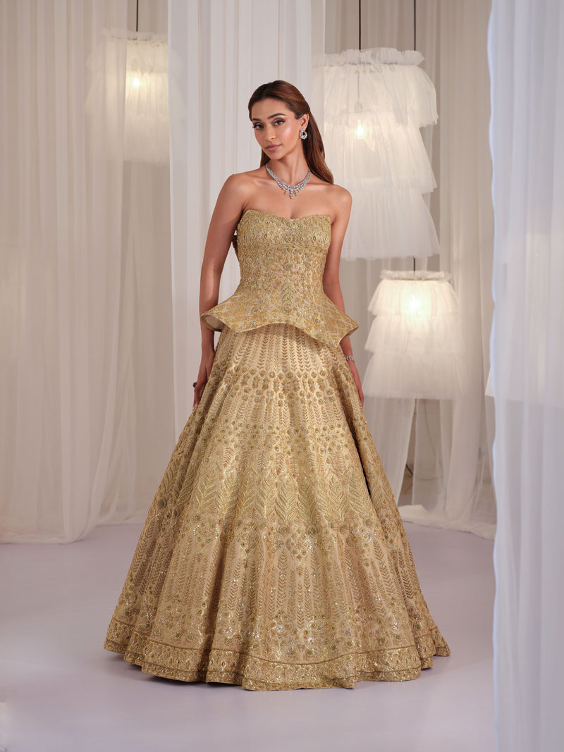Gold Hand Embellished Sculpted Corset With Raw Silk Lehenga & Dupatta