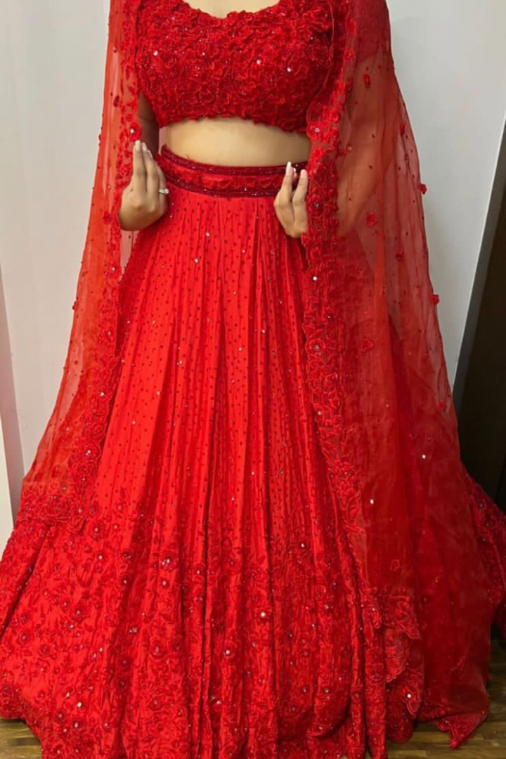 Red 3D Flower Embellished Blouse With Fully Embellished Lehenga And Dupatta