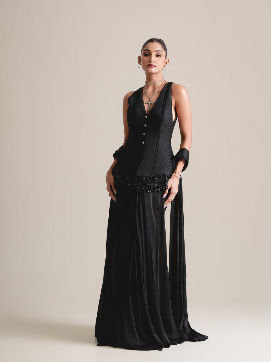 Black V-neck waistcoat corset with beaded fringe, drape skirt and stole, full-length front view