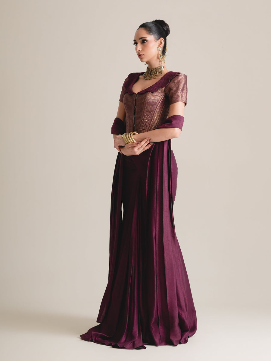 Plum puff-sleeve corset with scalloped collar, stole and wine drape skirt, full-length front view