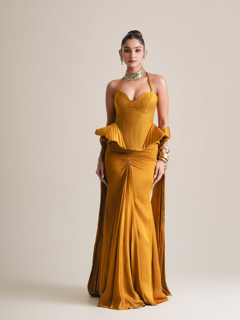 Mustard pleated halter corset with flared peplum, ruched skirt and stole, full-length front view