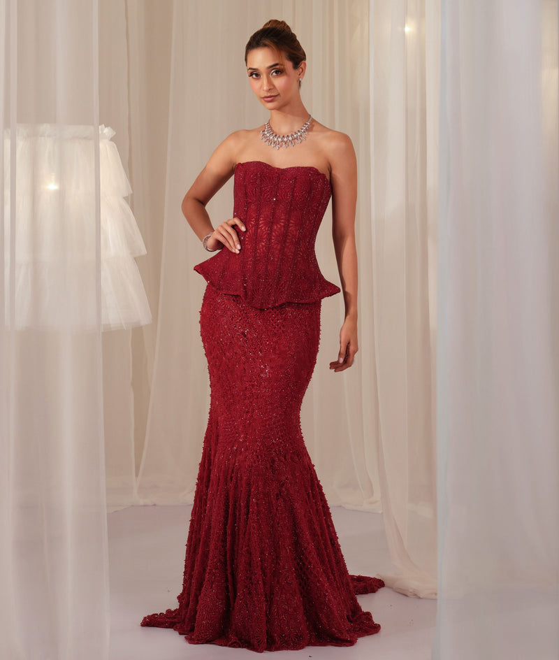 Maroon Corset With Fishcut Lehenga