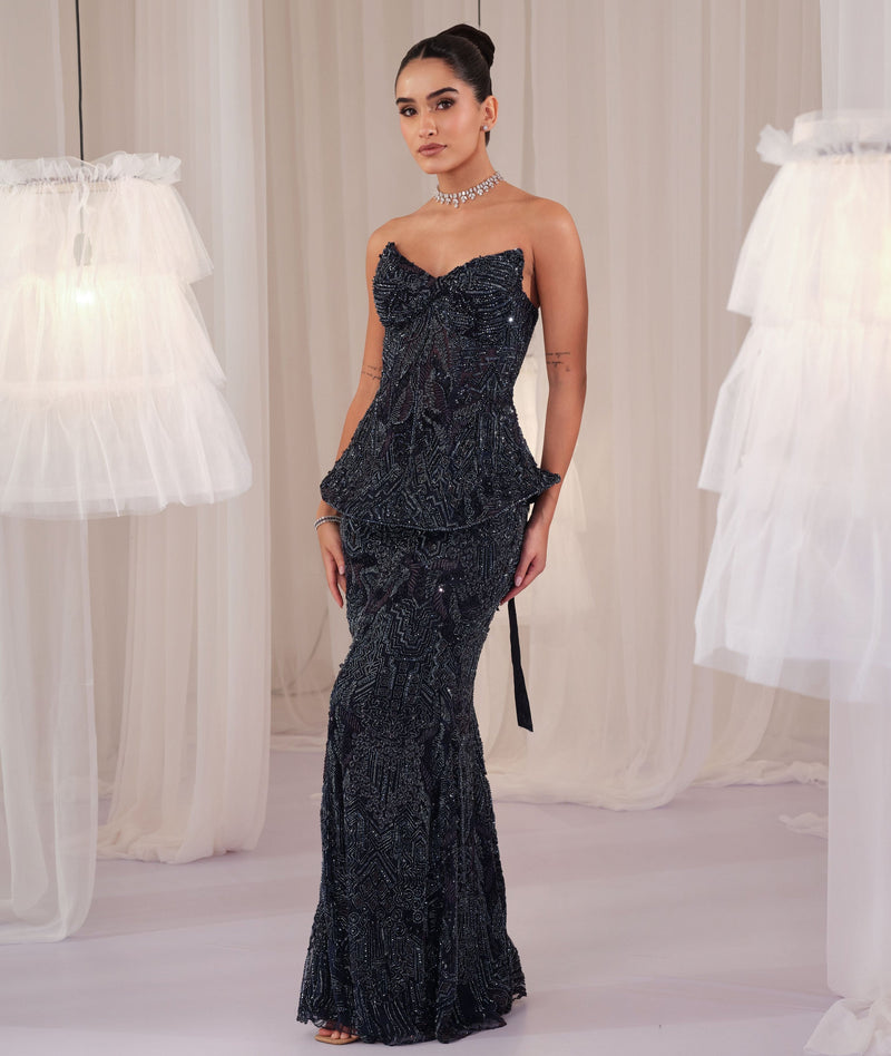 Midnight Blue Embellished Corset With Pencil Skirt