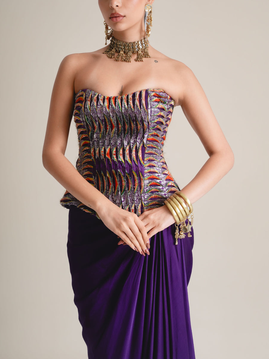 Multi Brocade Corset With Purple Drape Skirt