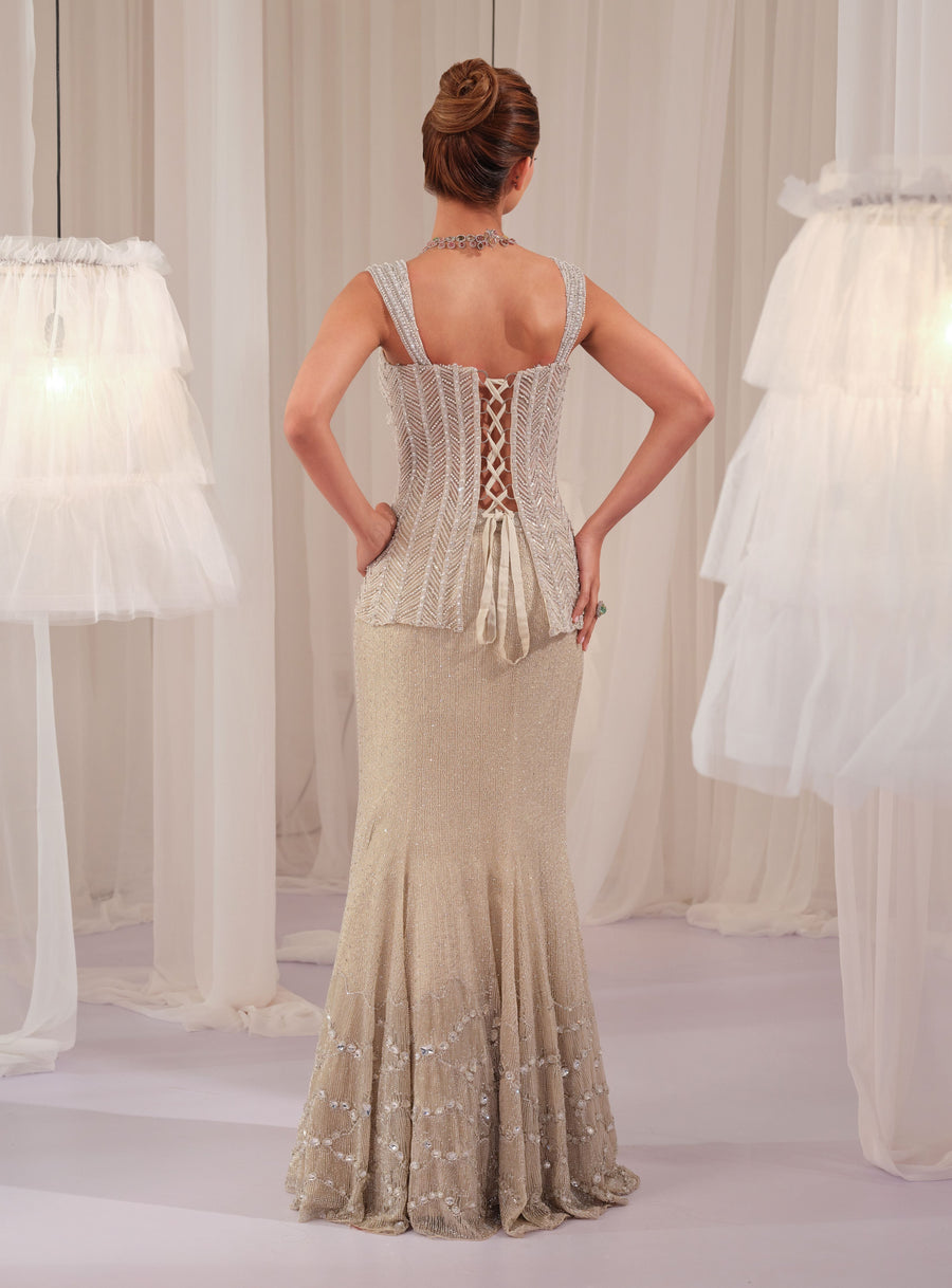 Back view of the silver lace-up corset with fishcut lehenga