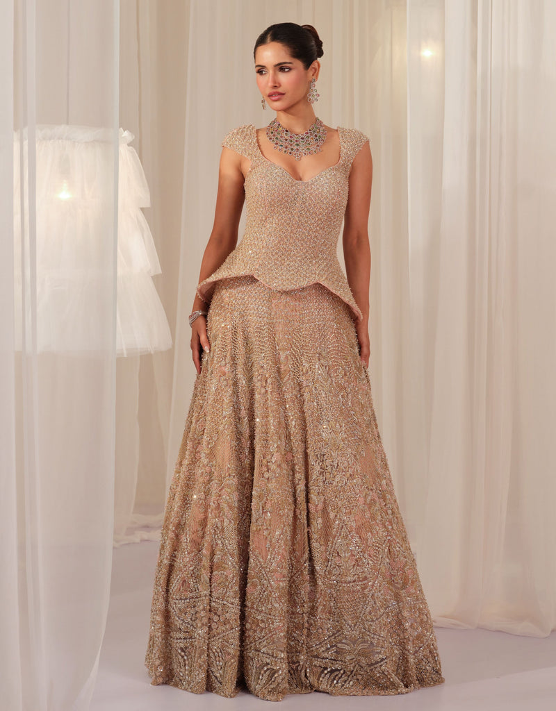 Soft Blush Hand Embellished Peplum Corset With Lehenga & Dupatta